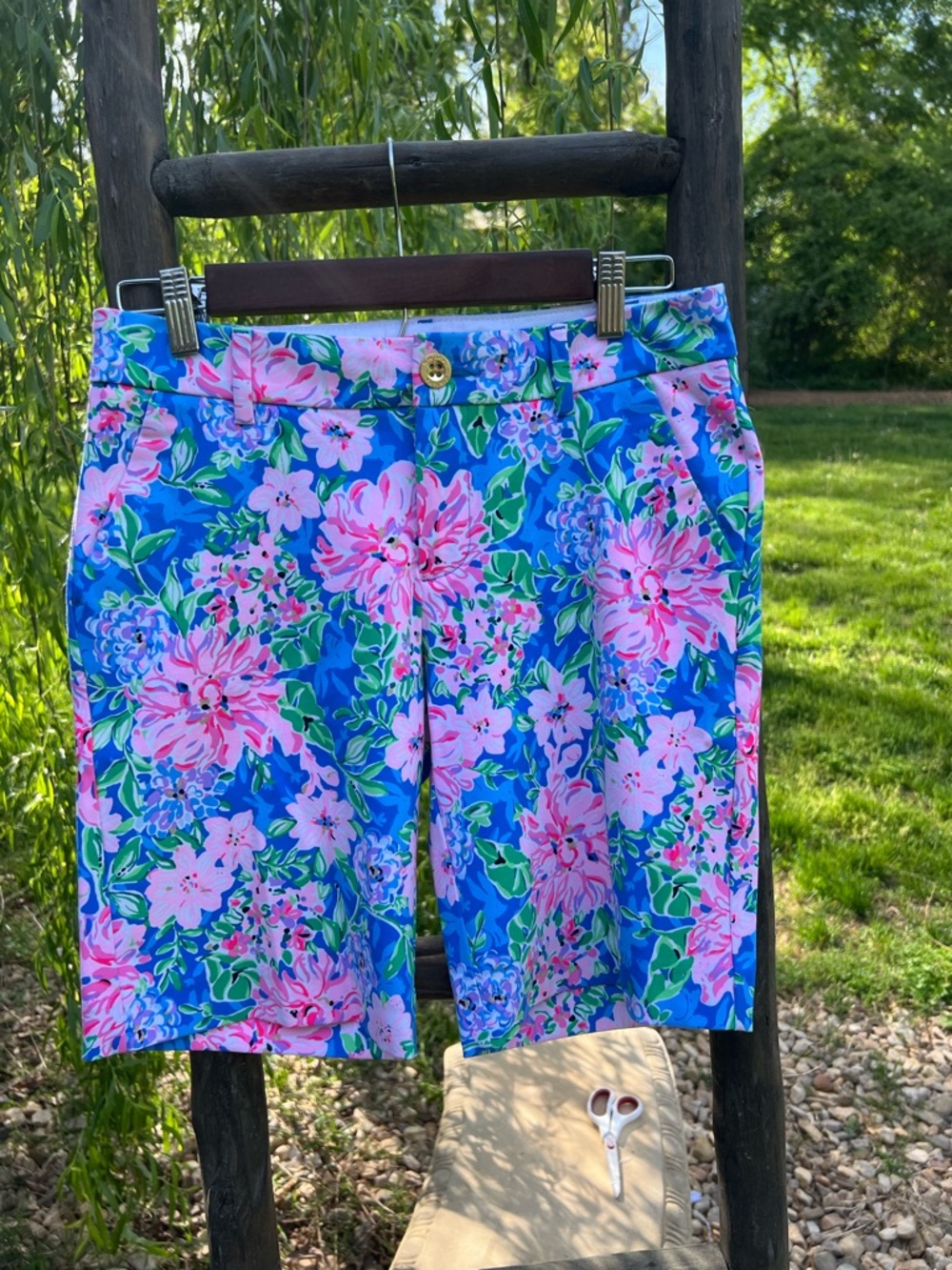 Lilly Pulitzer Natia Knit Blue Floral Bermuda Shorts with Pink Accents